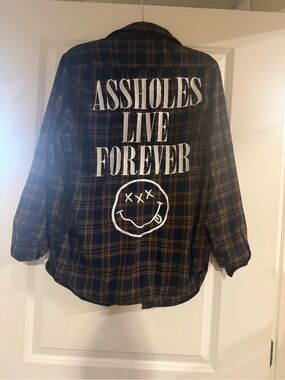Plaid Oversized Jacket with Back Graphic - Black/Brown